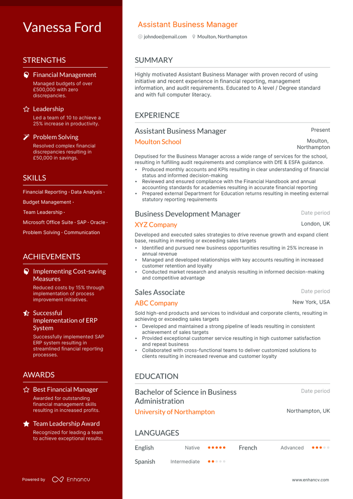 assistant business manager resume example