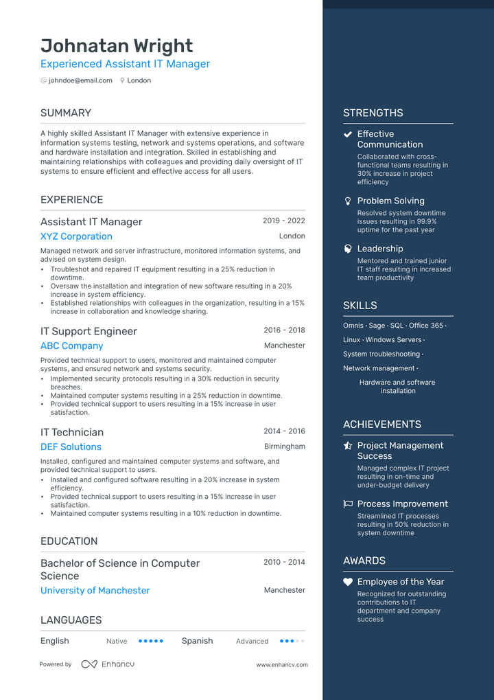 assistant it manager resume example