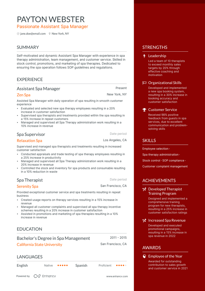 assistant spa manager resume example