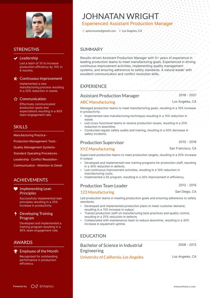 assistant production manager resume example