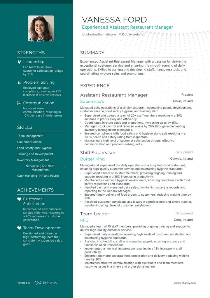assistant restaurant manager resume example