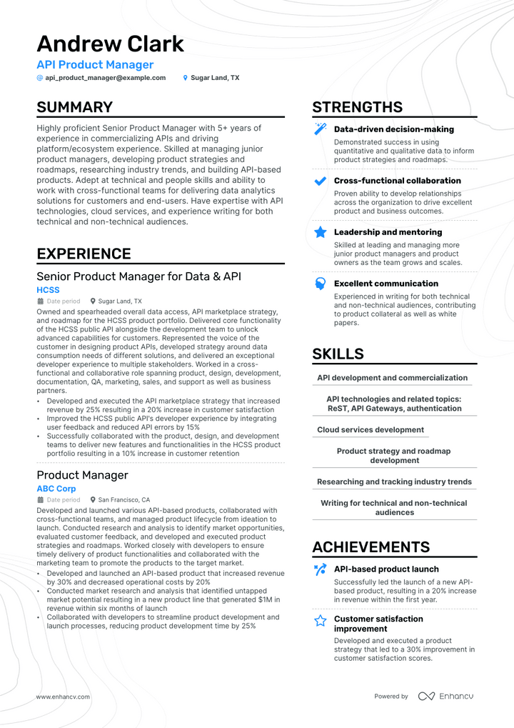 api product manager resume example