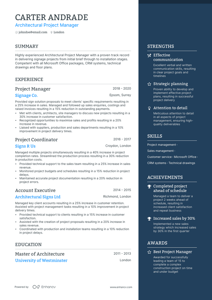 architectural project manager resume example
