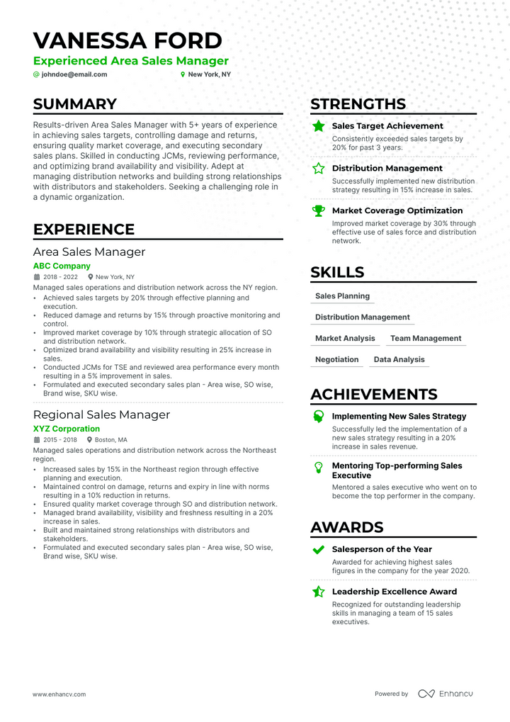 area sales manager resume example