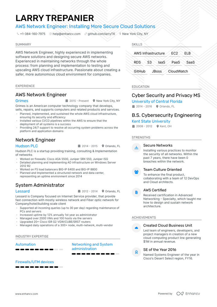 aws network engineer resume example