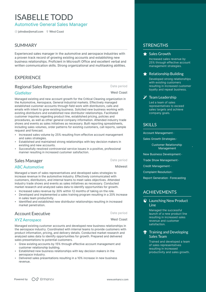 automotive general sales manager resume example