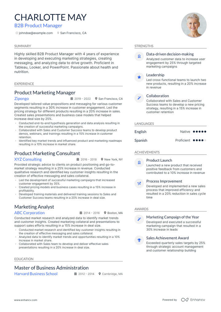 b2b product manager resume example