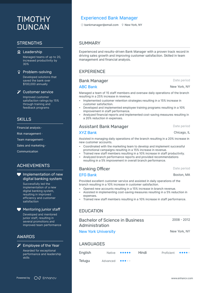 bank manager resume example