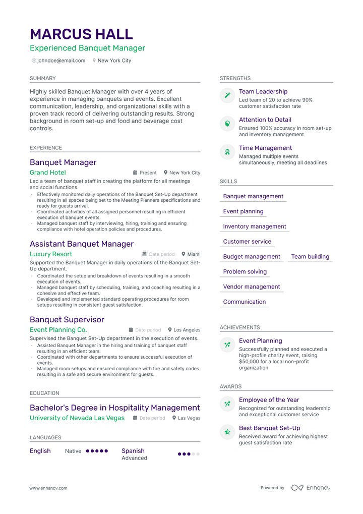 banquet manager resume example