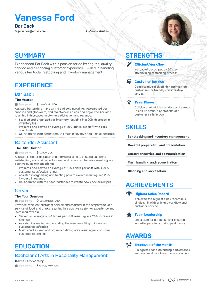bar back resume example