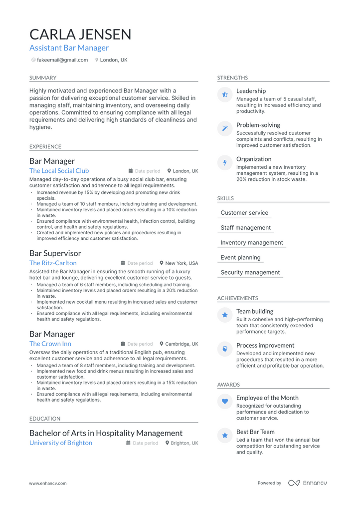 bar manager resume example