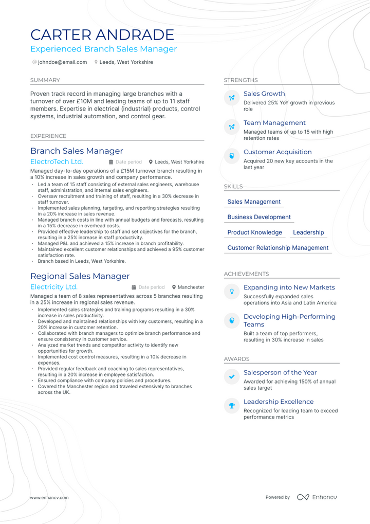 branch sales manager resume example