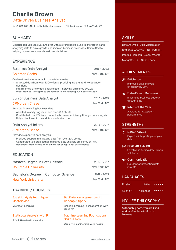 business data analyst resume example