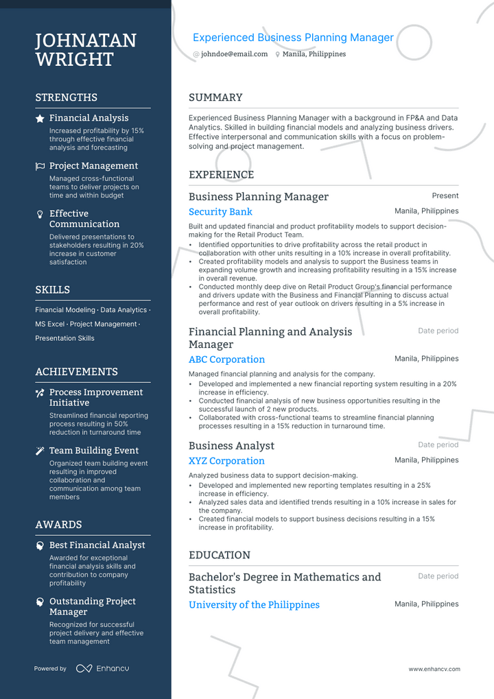 business planning manager resume example
