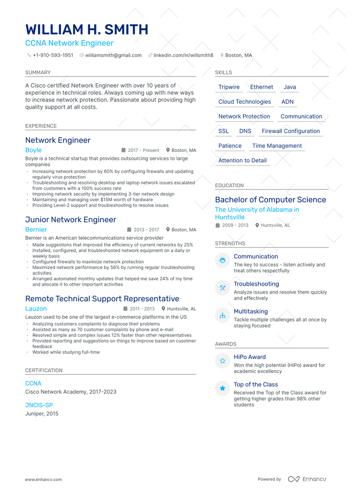 ccna network engineer resume example