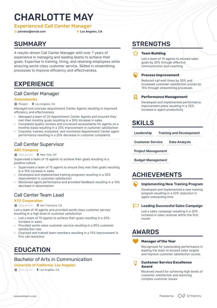 call center manager resume example