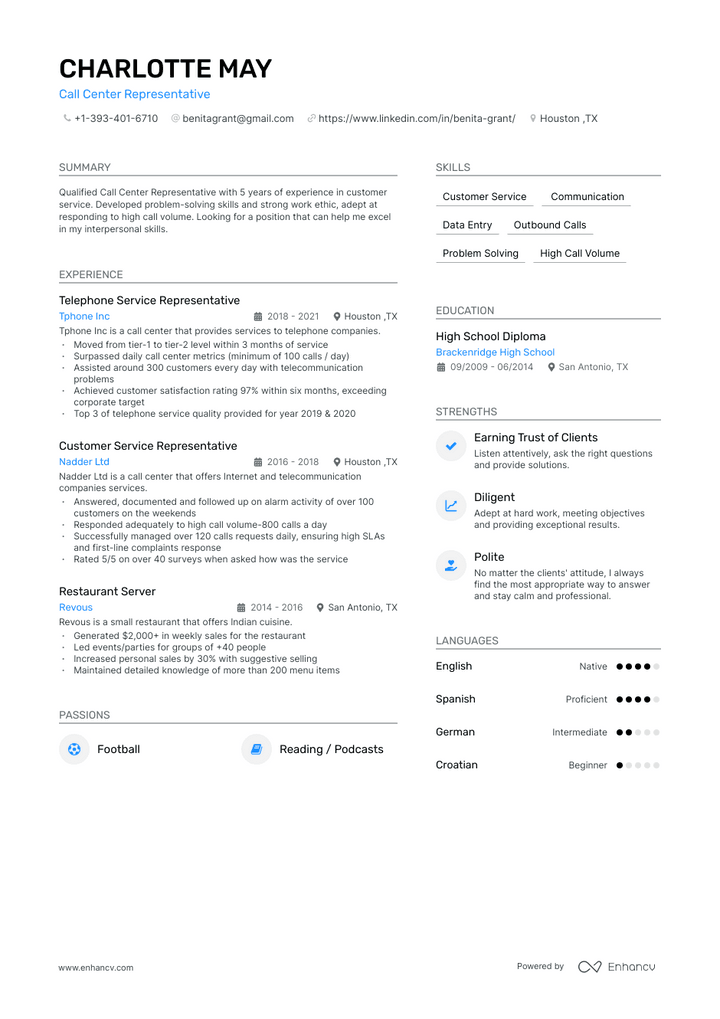 call center representative resume example