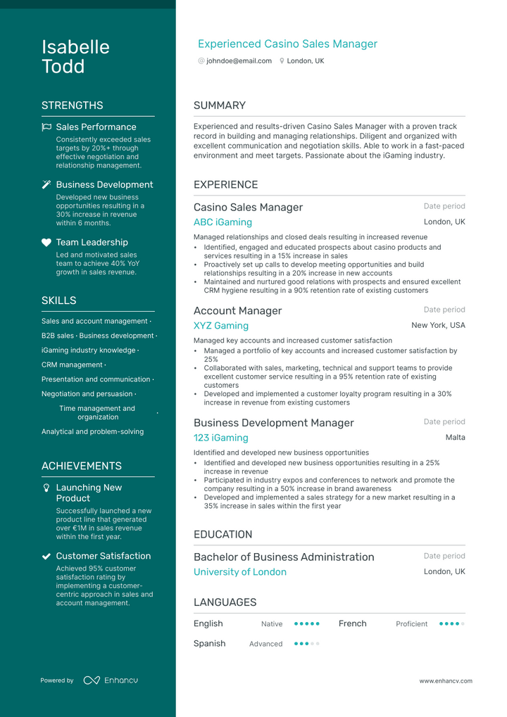 casino manager resume example