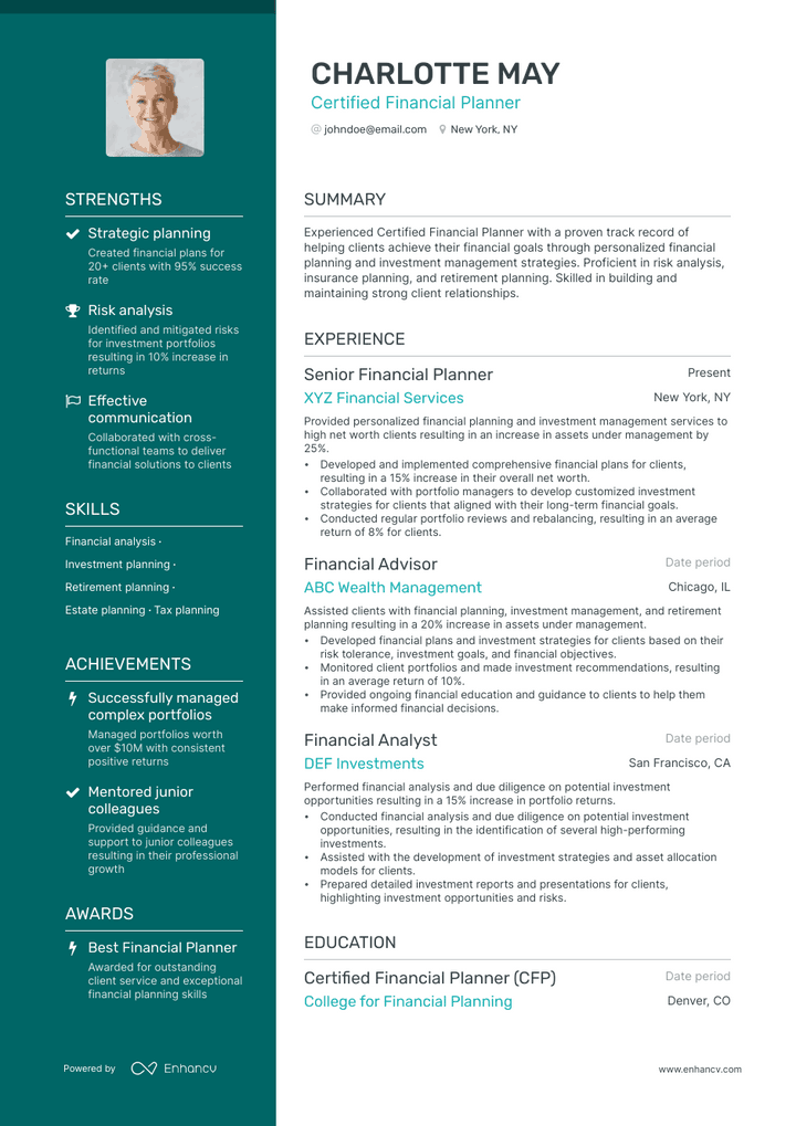 certified financial planner resume example