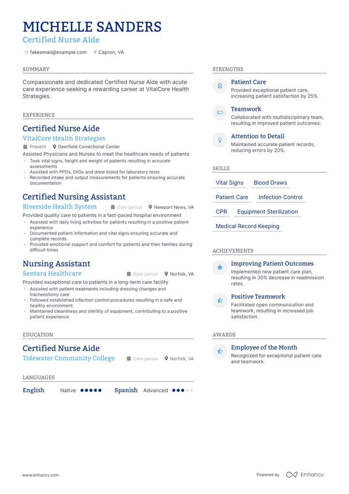 certified nurse aide resume example