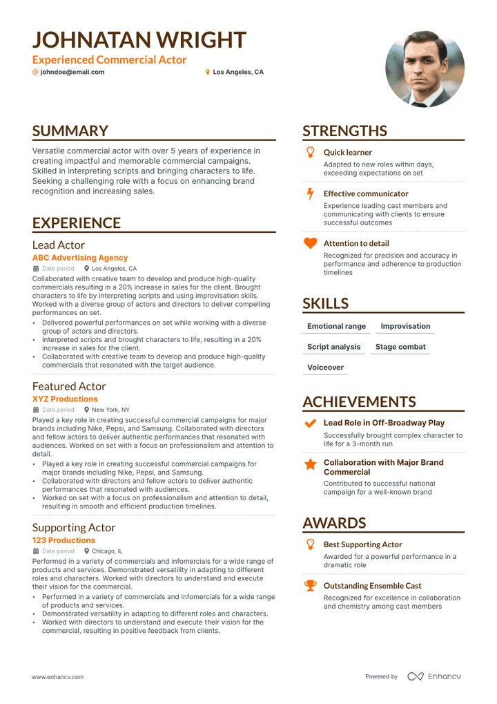 commercial actor resume example