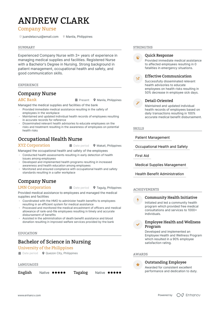 company nurse resume example