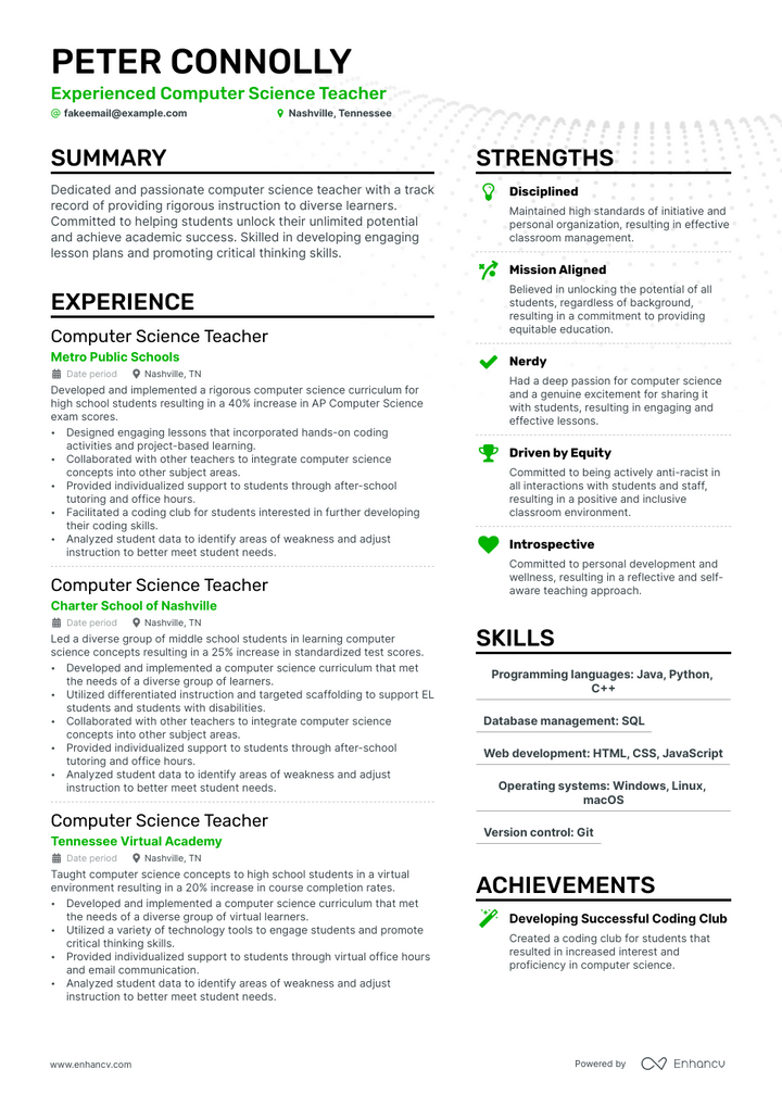 computer science teacher resume example