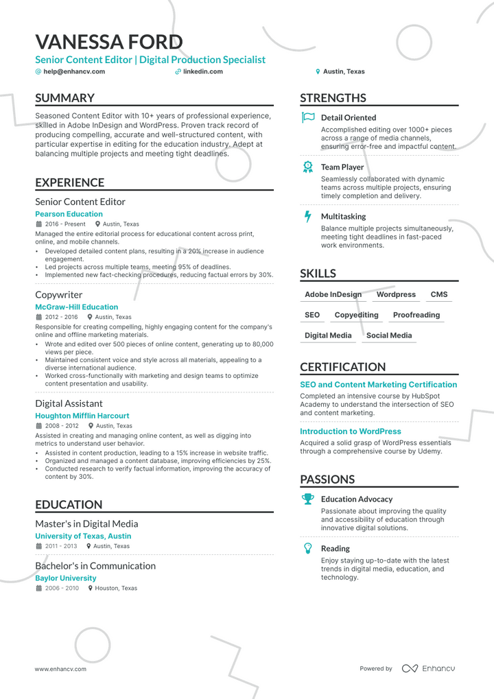 content editor resume example