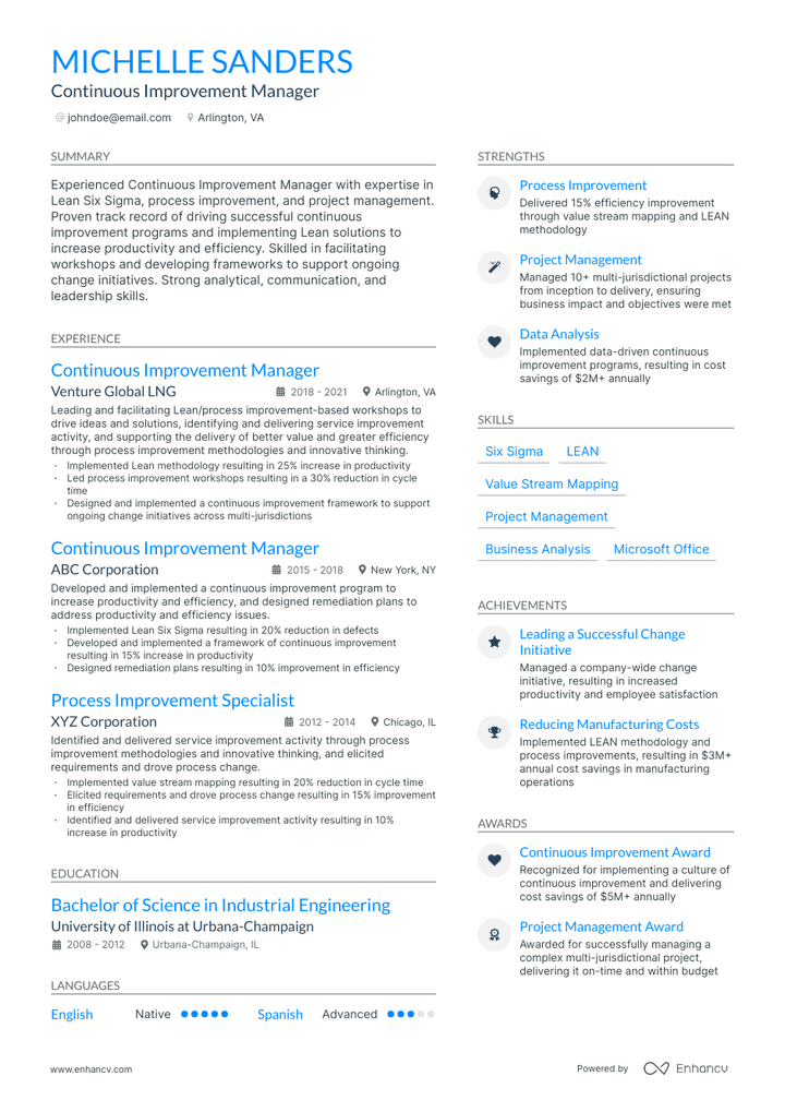 continuous improvement manager resume example