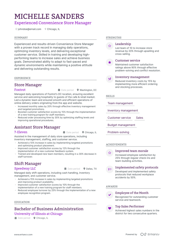 convenience store manager resume example