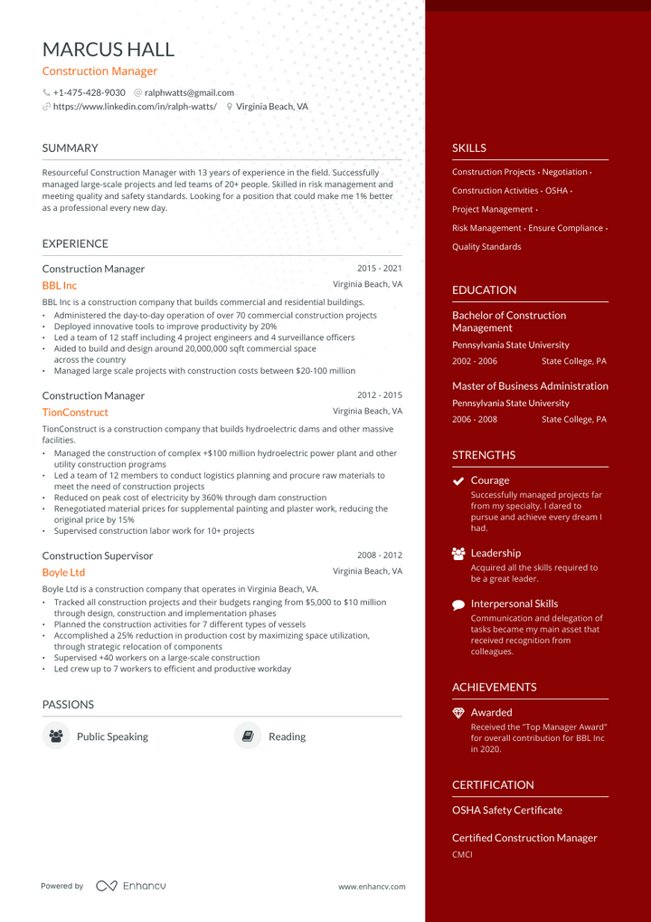 construction manager resume example