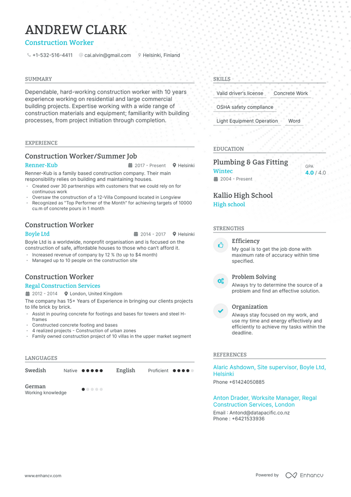 construction worker resume example
