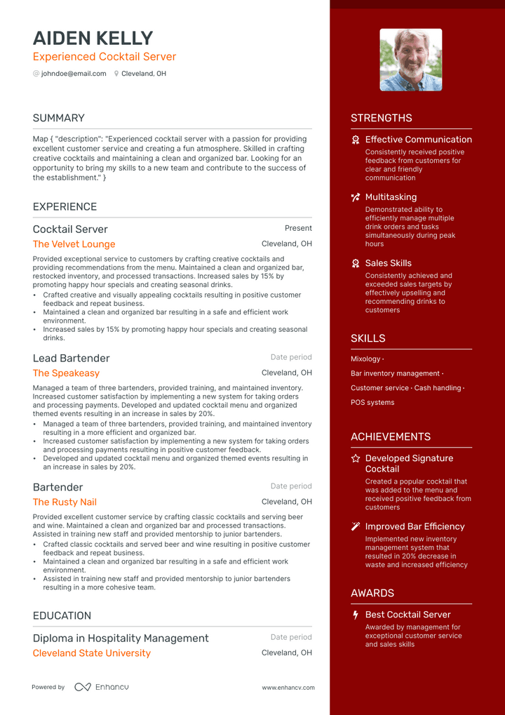 cocktail server resume example
