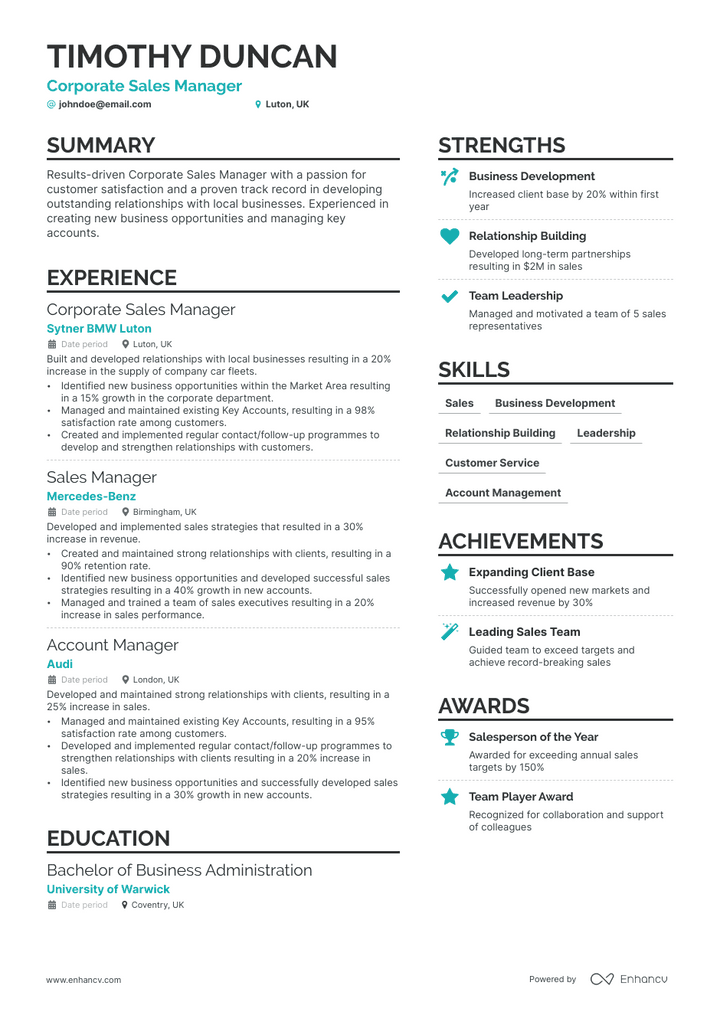 corporate sales manager resume example