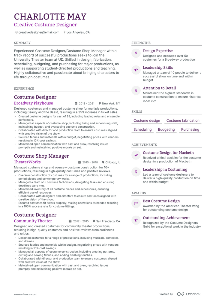 costume designer resume example