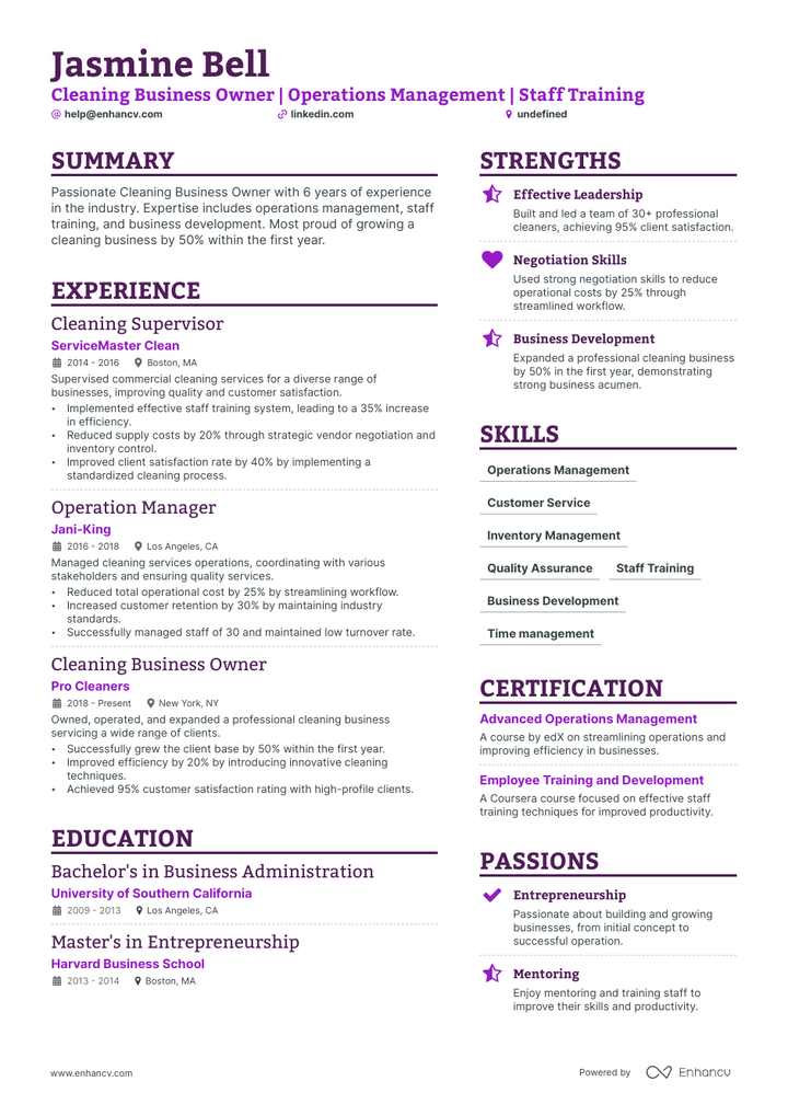 5 Cleaning Business Owner Resume Examples & Guide for 2023