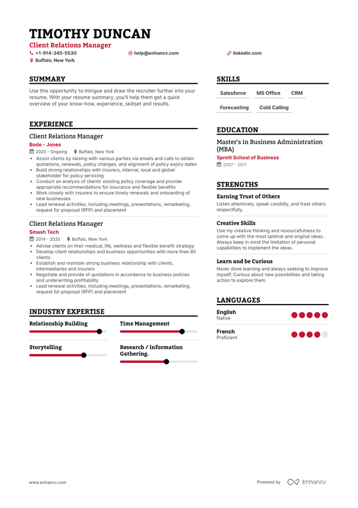 client relations manager resume example