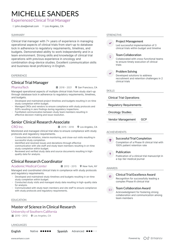 clinical trial manager resume example