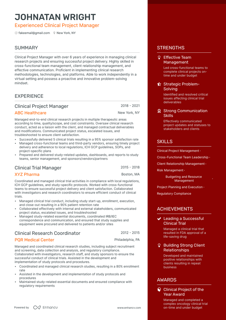 clinical project manager resume example