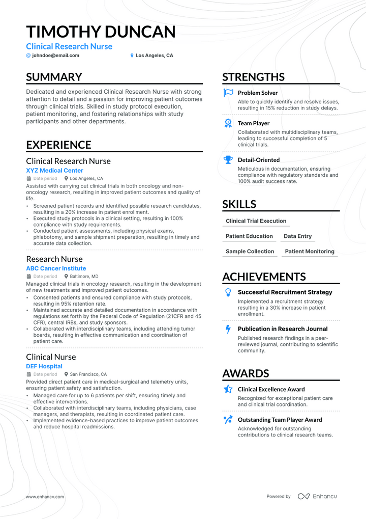 clinical research nurse resume example