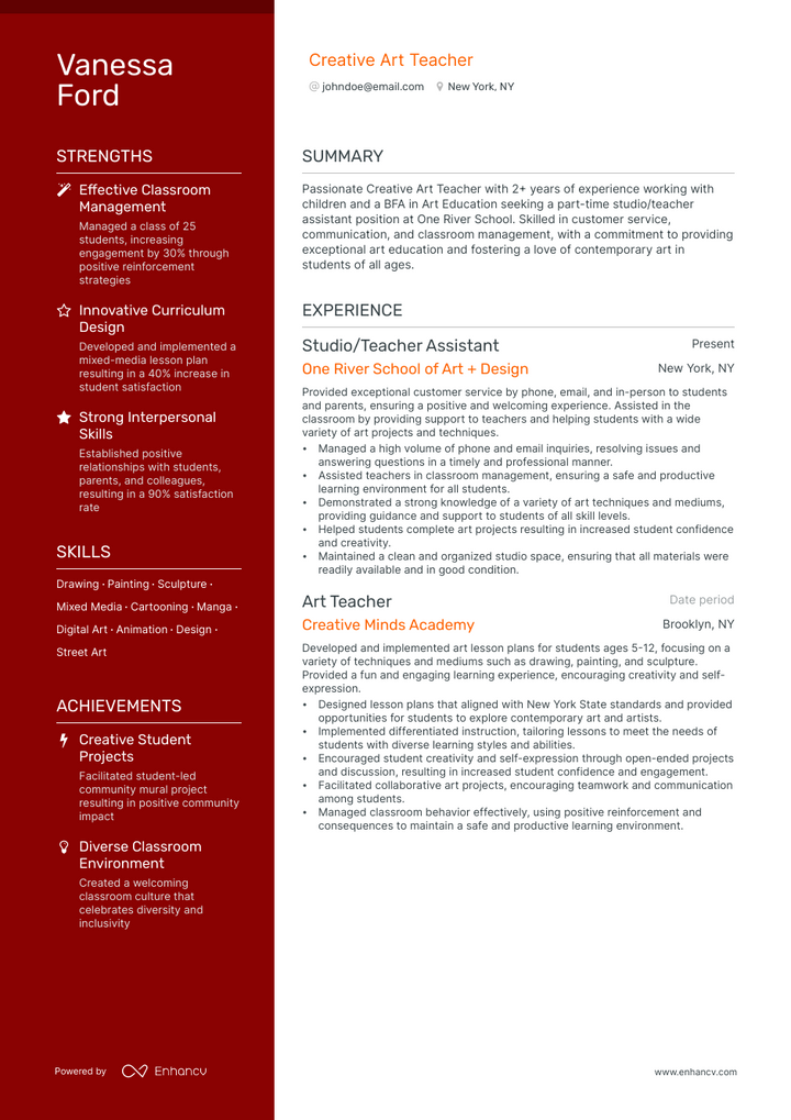 creative art teacher resume example