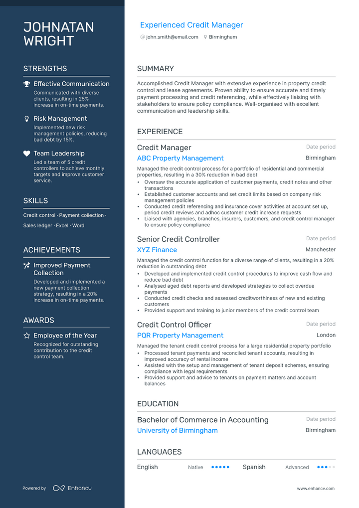 credit manager resume example