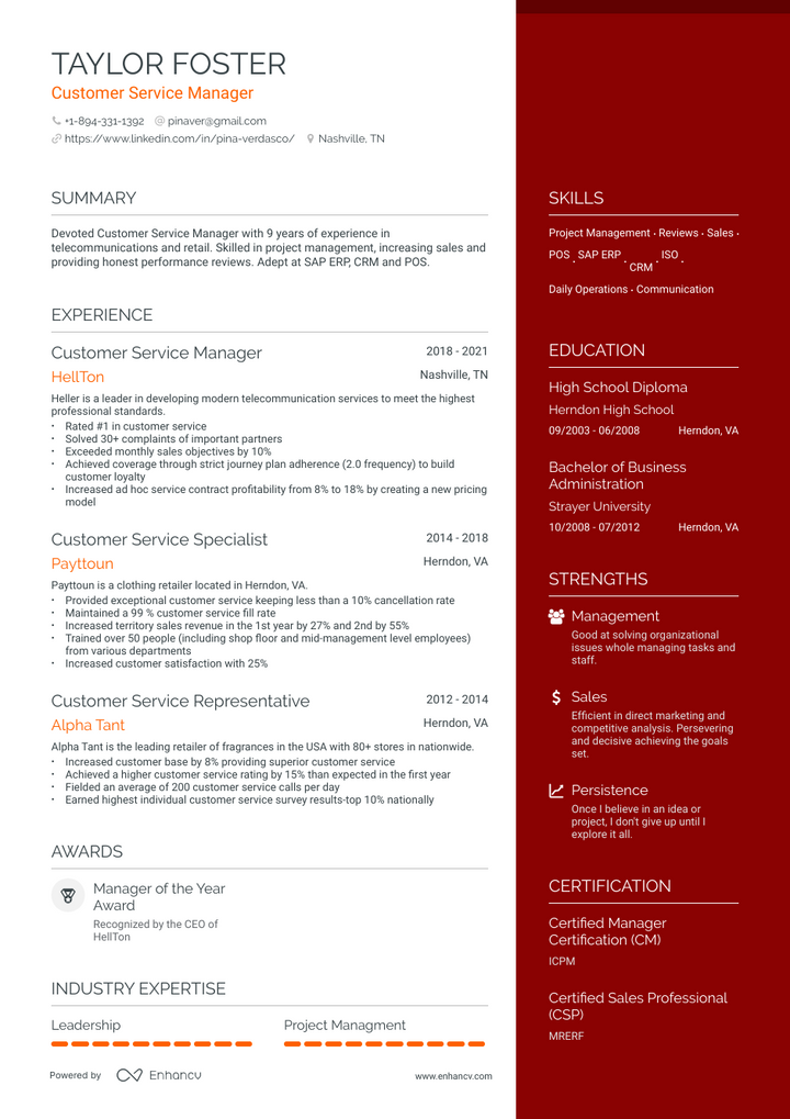 customer service representative resume example