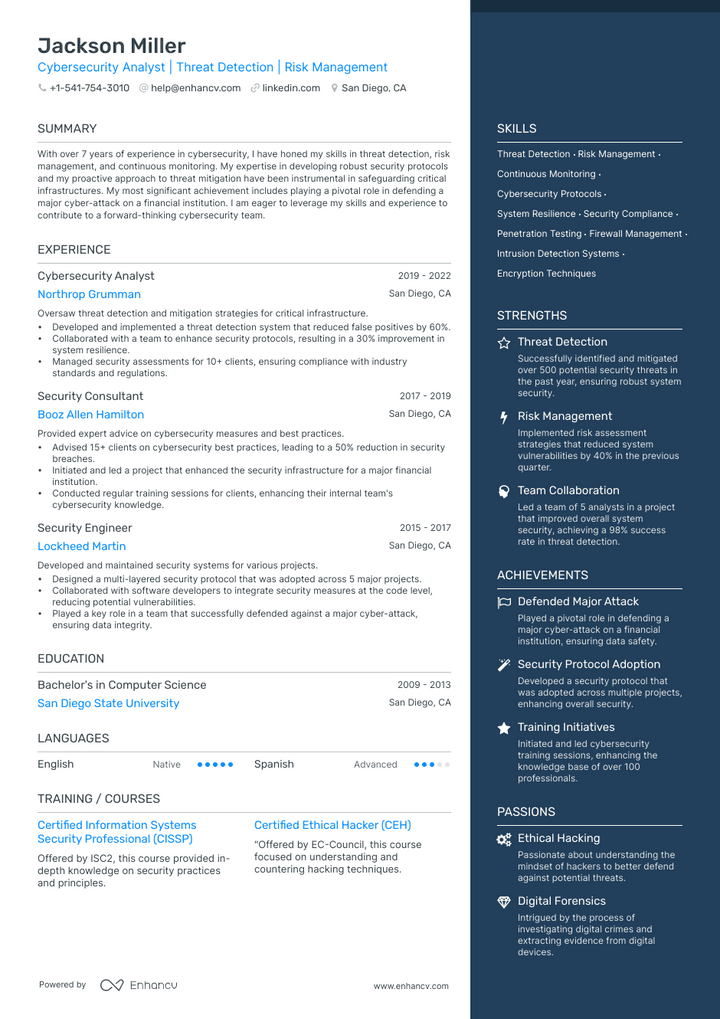 cyber security analyst resume example
