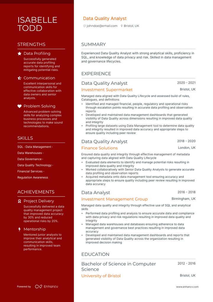 data quality analyst resume example