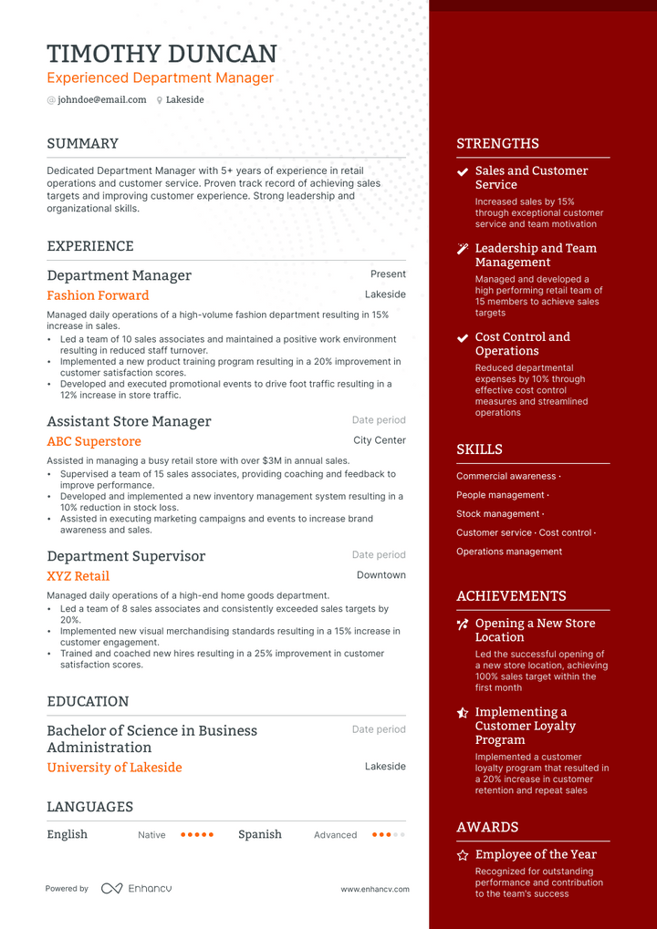 department manager resume example