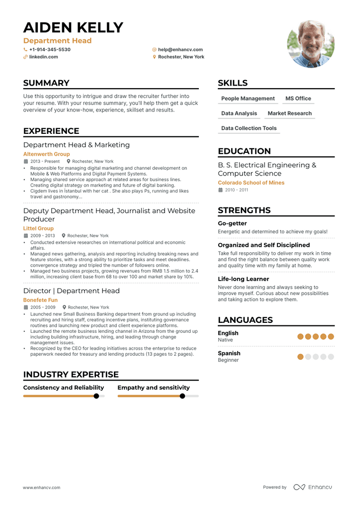 department head resume example