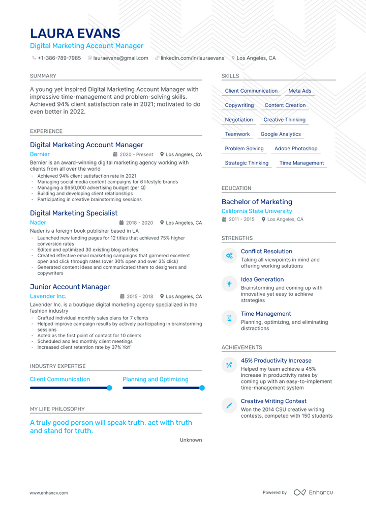 digital marketing account manager resume example