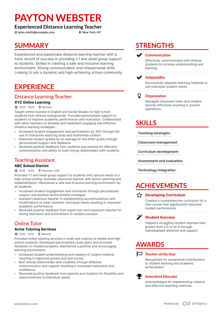 distance learning teacher resume example