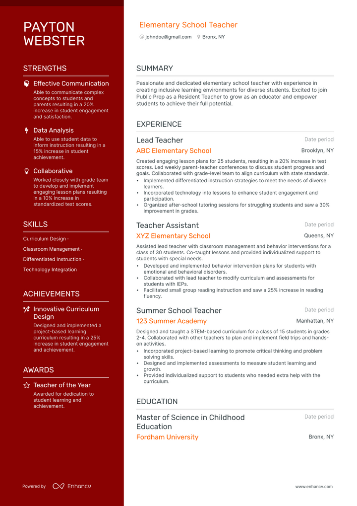 elementary school teacher resume example